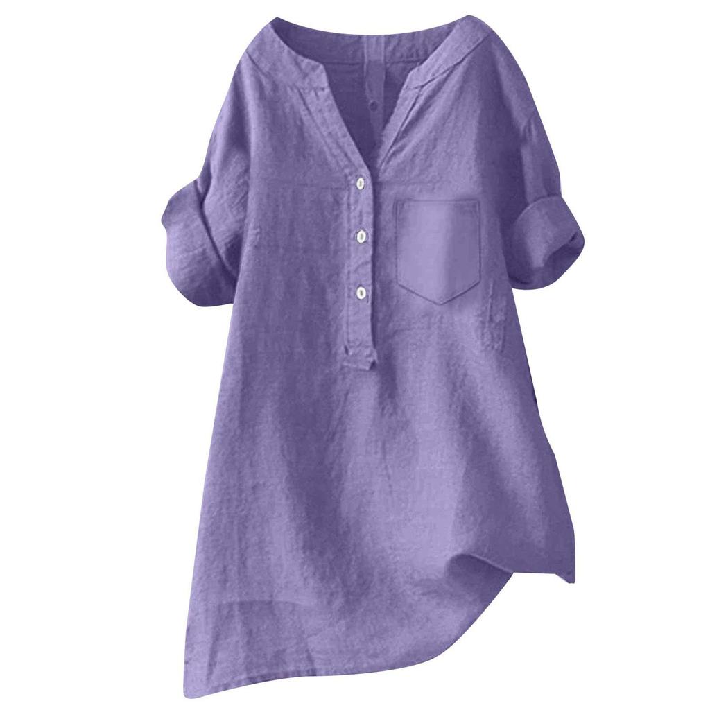 Europäisches und amerikanisches Langarm-Top aus Baumwoll-Leinen mit Stehkragen und Knopfleiste (Modelljahr 2025)