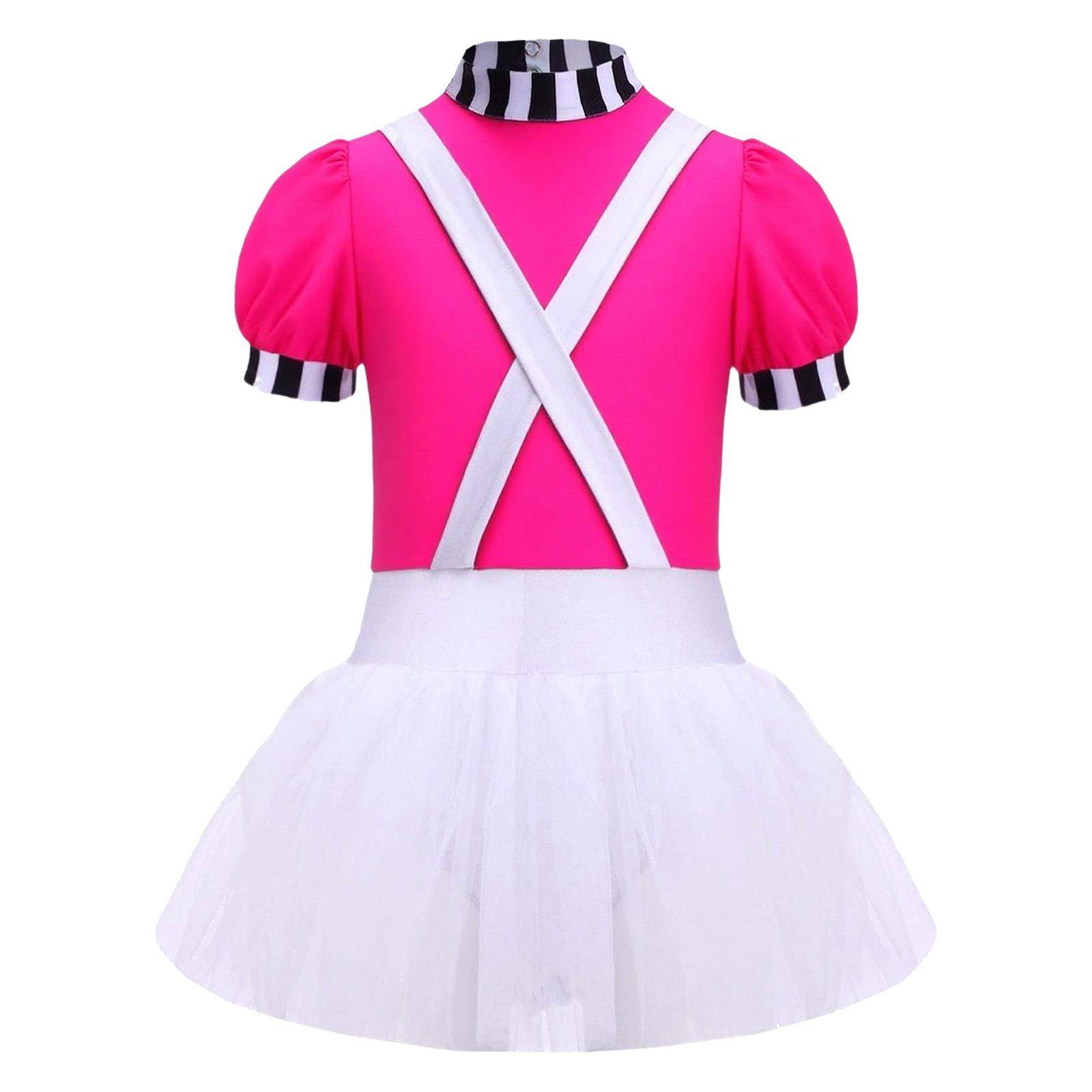 

Girls Chocolate Factory Worker Costume Mock Neck Short Stripe Cuffed Sleeves Back Cut Puffy Dress 7-8 Years гарячі рожевого кольору
