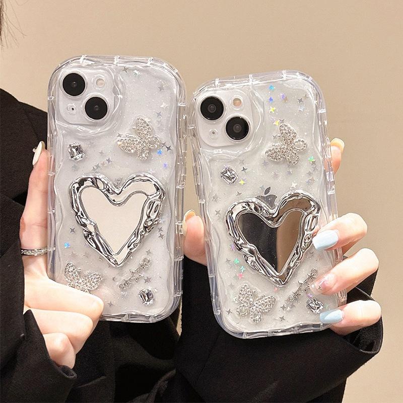 For Apple 17promax Phone Case 15 Love Touch Up Mirror for IPhone 16 Mirror Butterfly Rhinestone 13 Glitter Powder