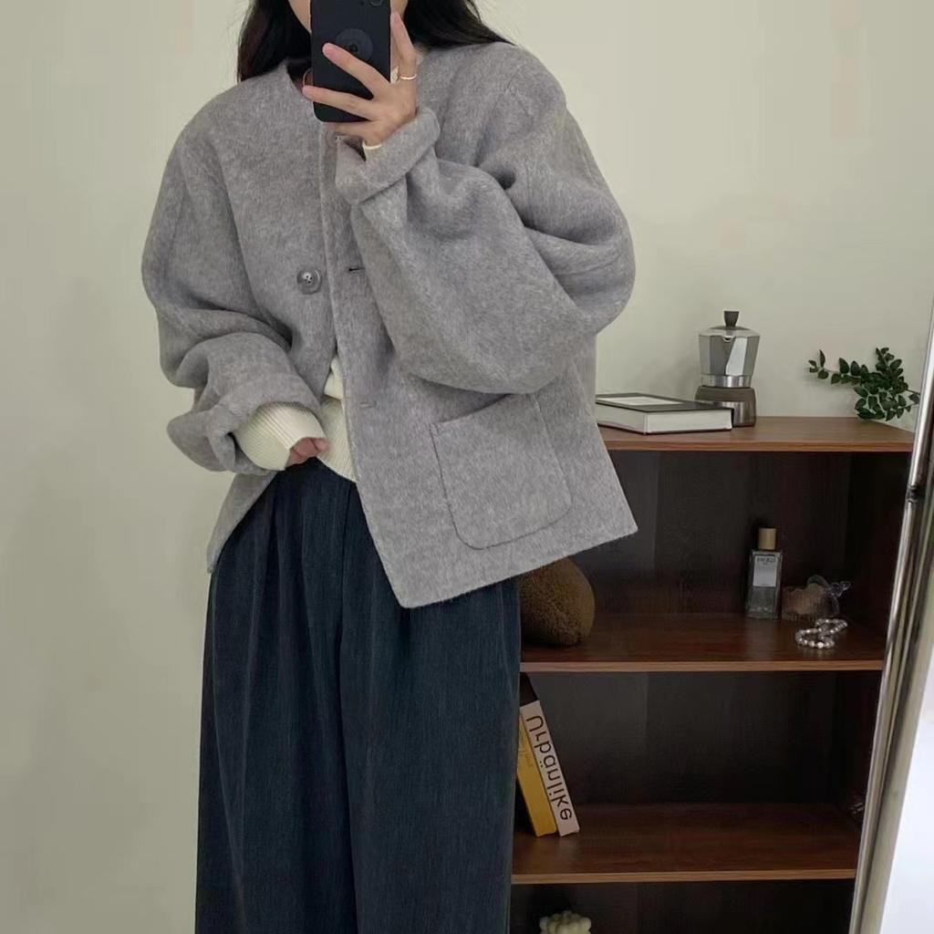 New Double-sided Cashmere Coat Female Short Round Neck Sense Wool Tweed Jacket High Quality Faux Fur Coat