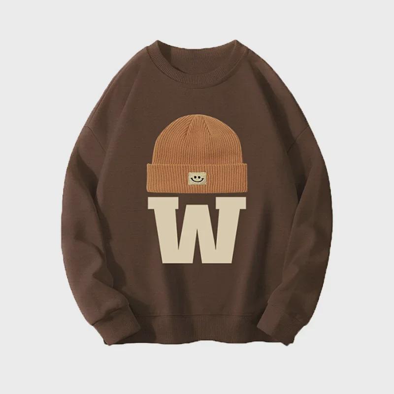 Dámská retro hnědá mikina s kulatým výstřihem – lehká, volný střih, dopisní potisk, všestranný líný styl na jaro a podzim