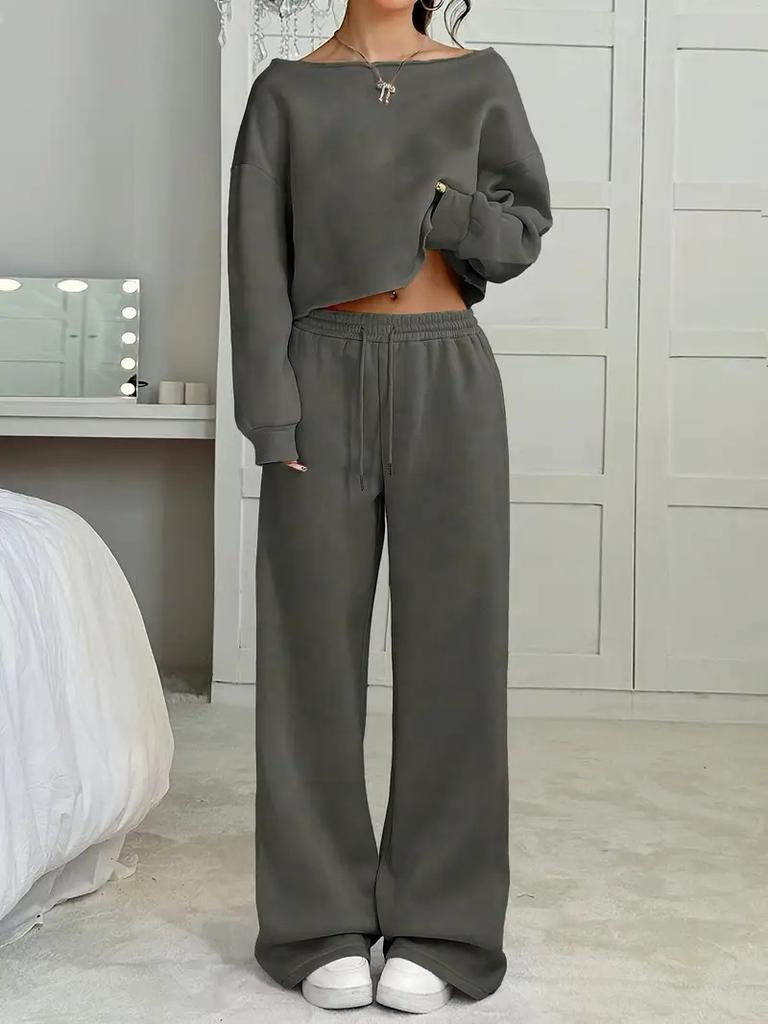 2025 European and American cross-border independent station new women's autumn and winter casual loose round neck long-sleeved sweater trousers suit 