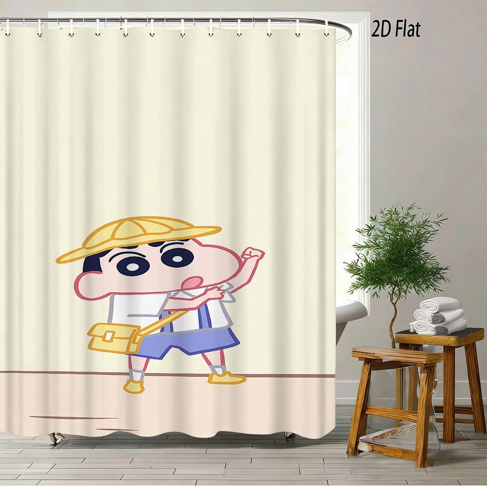 Crayon Shin-Chan All Characters Big Group Photo Scene 2D Print Waterproof Shower Curtain, Vibrant Blue Sky With Full Cast Bathro
