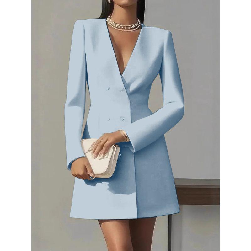 European and American Autumn Double Breasted Solid V-neck Suit French style Women clothes Long sleeve Professional Dress Female Suit Dress