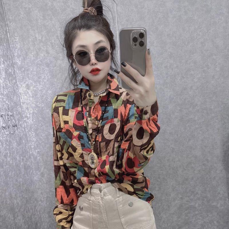 

Goods Spring & Fall Cotton and Linen Printed Shirt Women s Loose Slim Looking Fashion Western Style Long Sleeve Shirt Bottoming Shirt Top Fashion