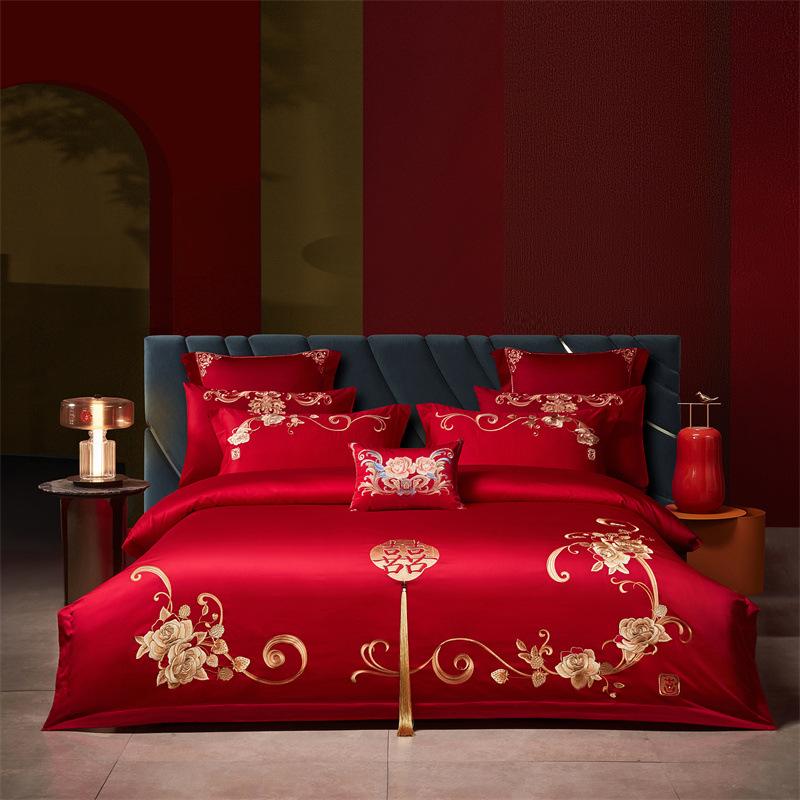 High-End Long-Staple Cotton Wedding 4Pcs Set Chinese Wedding Wedding Kit Big Red Embroidery Pure Cotton Wedding Bedding