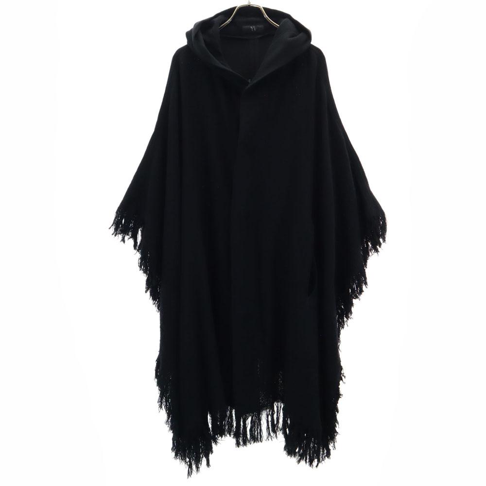 Y's Wool Long Sleeve Fringe Poncho 1 Black Coat Women Used