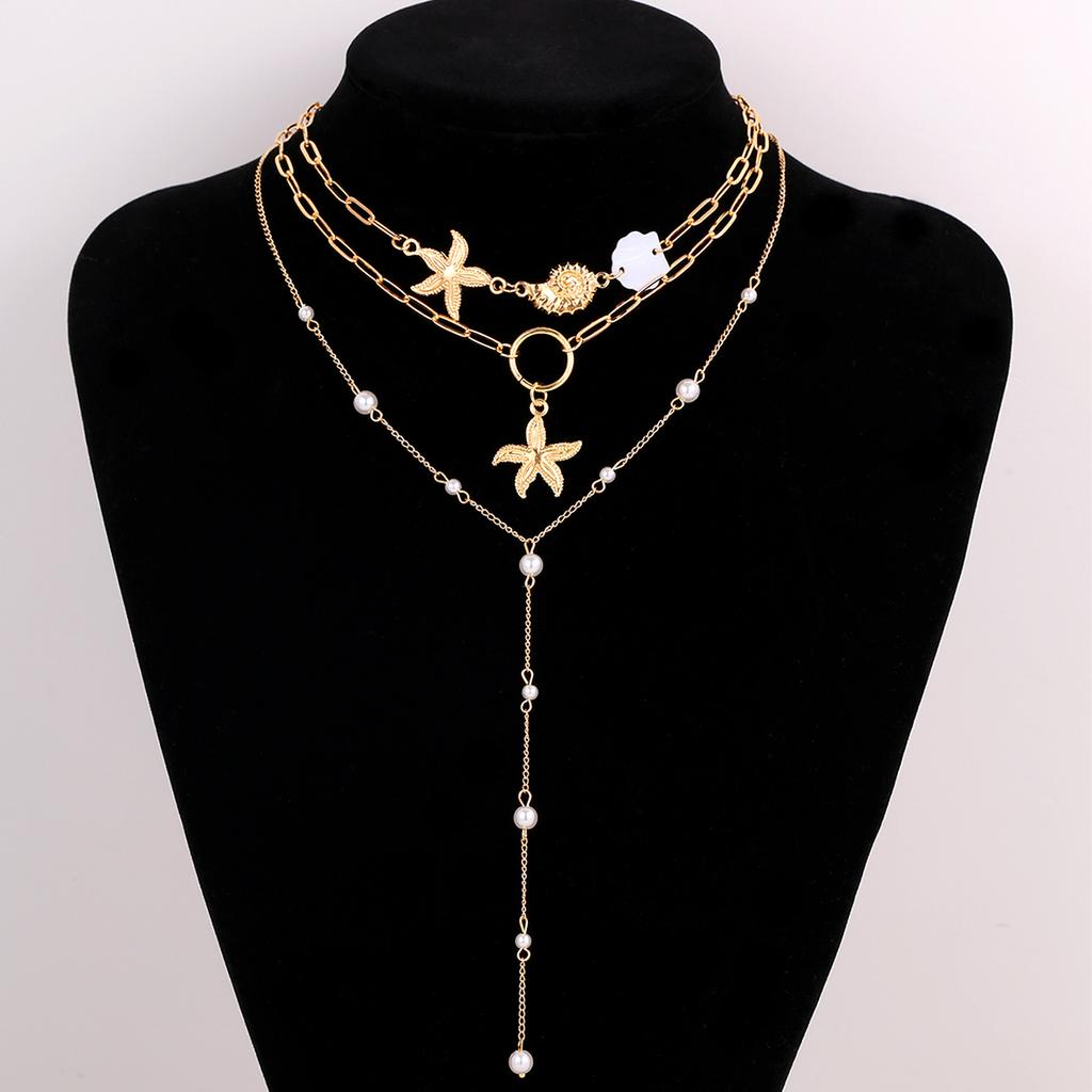 3Pcs/Set Shell Starfish Conch Pendant Necklace for Women Vintage Gold Color Imitation Pearl Necklaces Summer Multilayer Jewelry