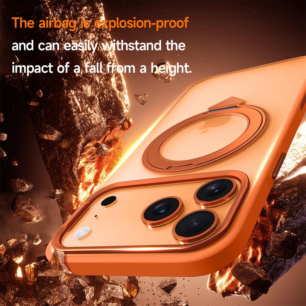 Magnetic Rotating Bracket Phone Case for IPhone 17 Pro Max 17 Air 17 Pro Frosted Transparent PC+TPU Ring Stand Back Cover