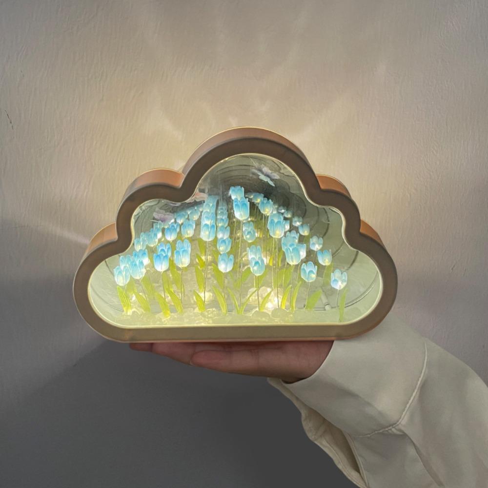 New Acrylic 20 Flowers Tulip Night Light Handmade DIY Creative Tulips Flower Table Lamp Cloud Shape Mirror Light Birthday Gifts