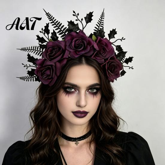 Comfortable Gothic Headwear for Girls Halloween Rose Headband, Flower Leaf Crown Hair Hoops Bands, Elegant Style Headband Headpiece Hairband