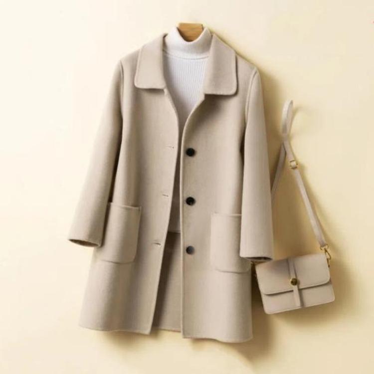 Women Single Breasted Pea Coat Mid Length Wool Blend Trench Coat Notch Lapel