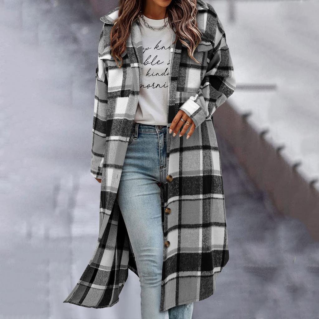 Women's Fashionable Oversized Long-Sleeve Collared Plaid Trench Coat With Patch Pockets