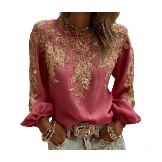 Women Tops Round Neck Long Sleeve 3D Digital Flower Printing Tee Shirt Retro