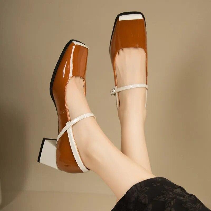 Sapatos únicos de dedo quadrado para mulheres saltos grossos rasos mary jane sapatos de couro envernizado francês elegante sapatos de couro de salto alto
