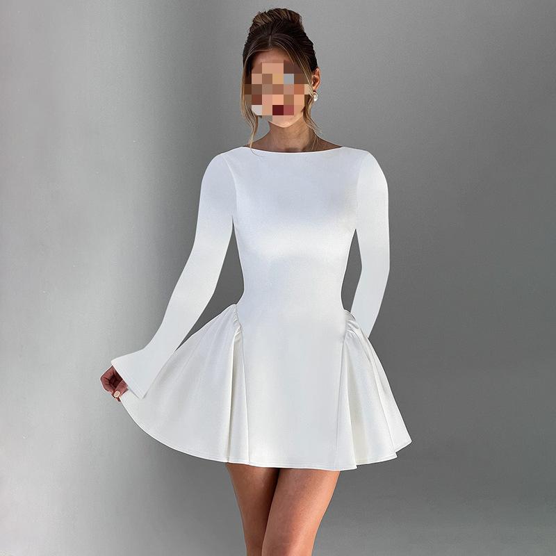 European and American Style Women's Clothing Temperament Round Neck Autumn and Winter Slim Fit Solid Color Dress for Women