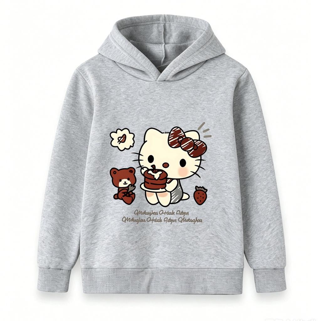 Kids Boys Girls Hooded Pullover Sweatshirt Cute Cartoon Cat Print Chocolate Cake Bear Strawberry Casual Soft Loose Hoodie for Toddlers