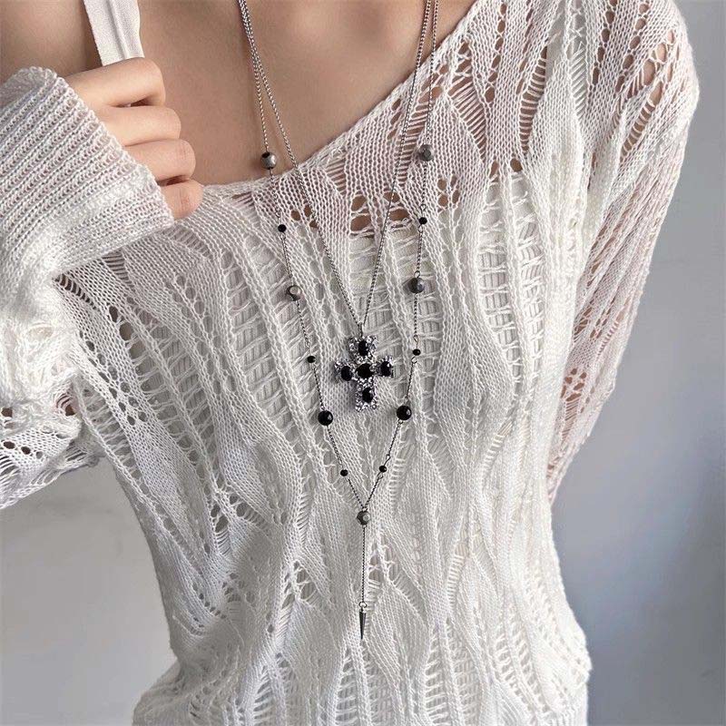 Y2K Silver Color Cross Pendant Necklaces for Women Sweet Cool Metal Double Layer Beaded Rivet Long Tassel Necklaces Jewelry