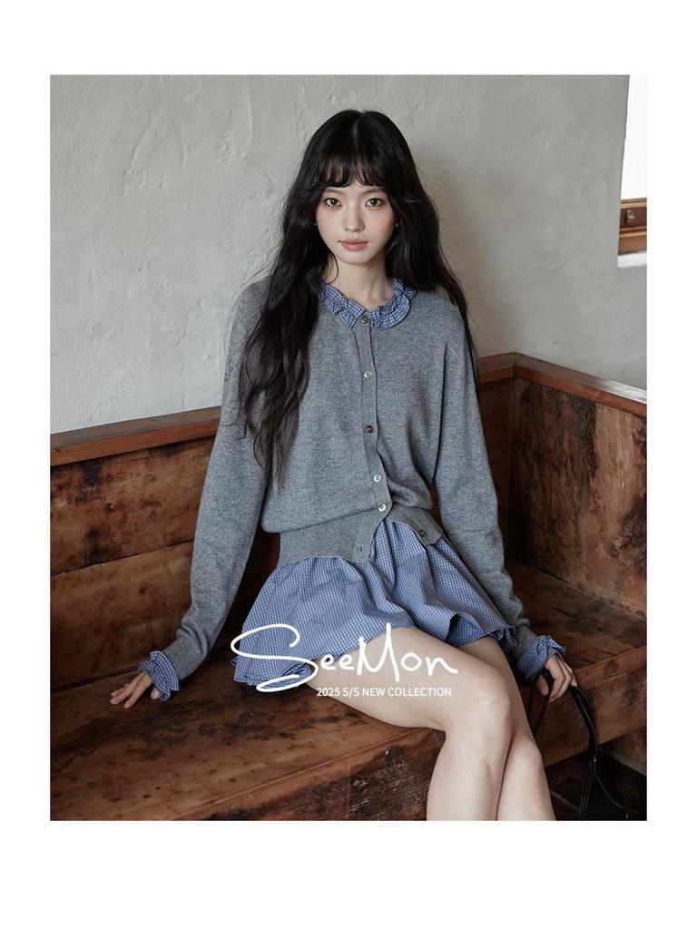 Yimeng 2025 Korean Style Patchwork Long Sleeve Knitted Cardigan for Women