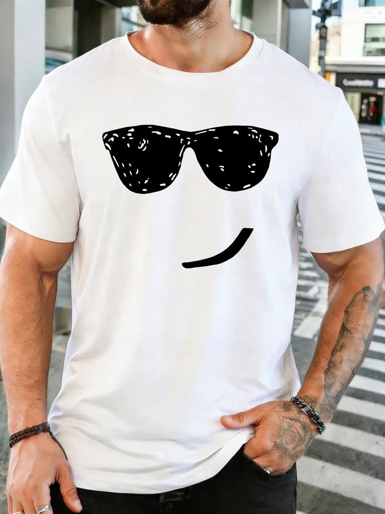Cool Sunglasses Smiley Face Minimal Line Graphic Unisexs Cotton Crew Neck Tee Short Sleeve Loose Casual Daily Urban Male Top