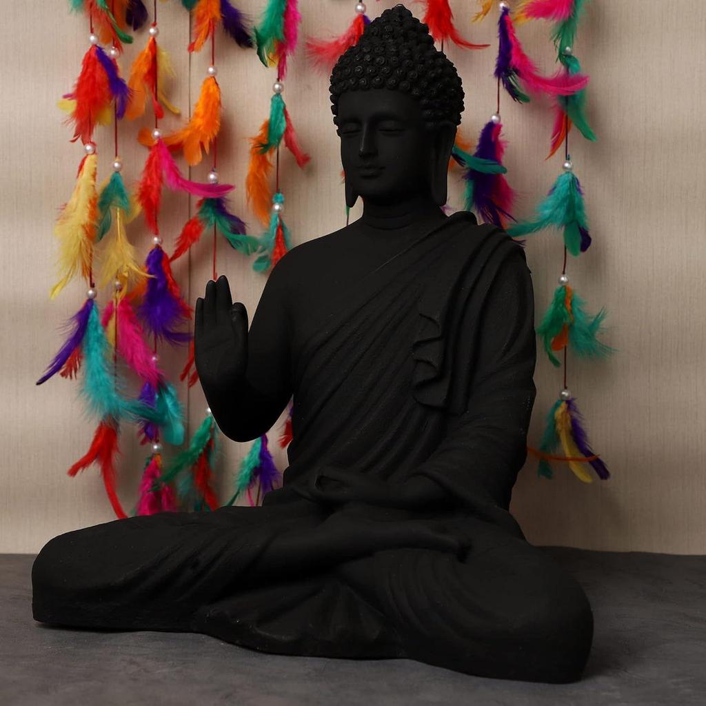 Sitting Buddha Statue for Home & Office Decor, Marble Dust Idol Statue of Resin 15 Inch (Black), Religiousb