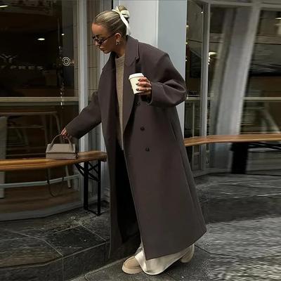 Urban Women Wool Long Coat Casual Full Sleeve Lapel Doube-Breasted Female Coats 2025 Autumn Winter Casual Lady Streetwear