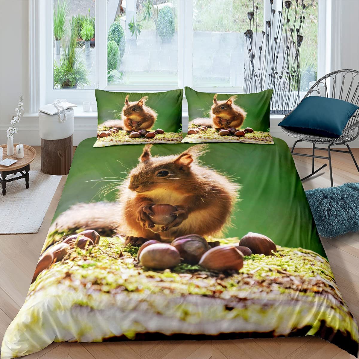 

Comforter 3D Squirrel King Queen Lovely Animal Bedding Set For Kids Teens Adults Wildlife Green Leaves Soft 2/3Pcs Comforter (quilt)-EU Single(135*200cm)3pcs