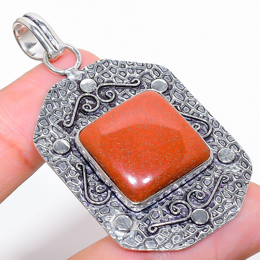 Red Sunstone Gemstone Handmade 925 Sterling Silver Jewelry Pendant 2.32"