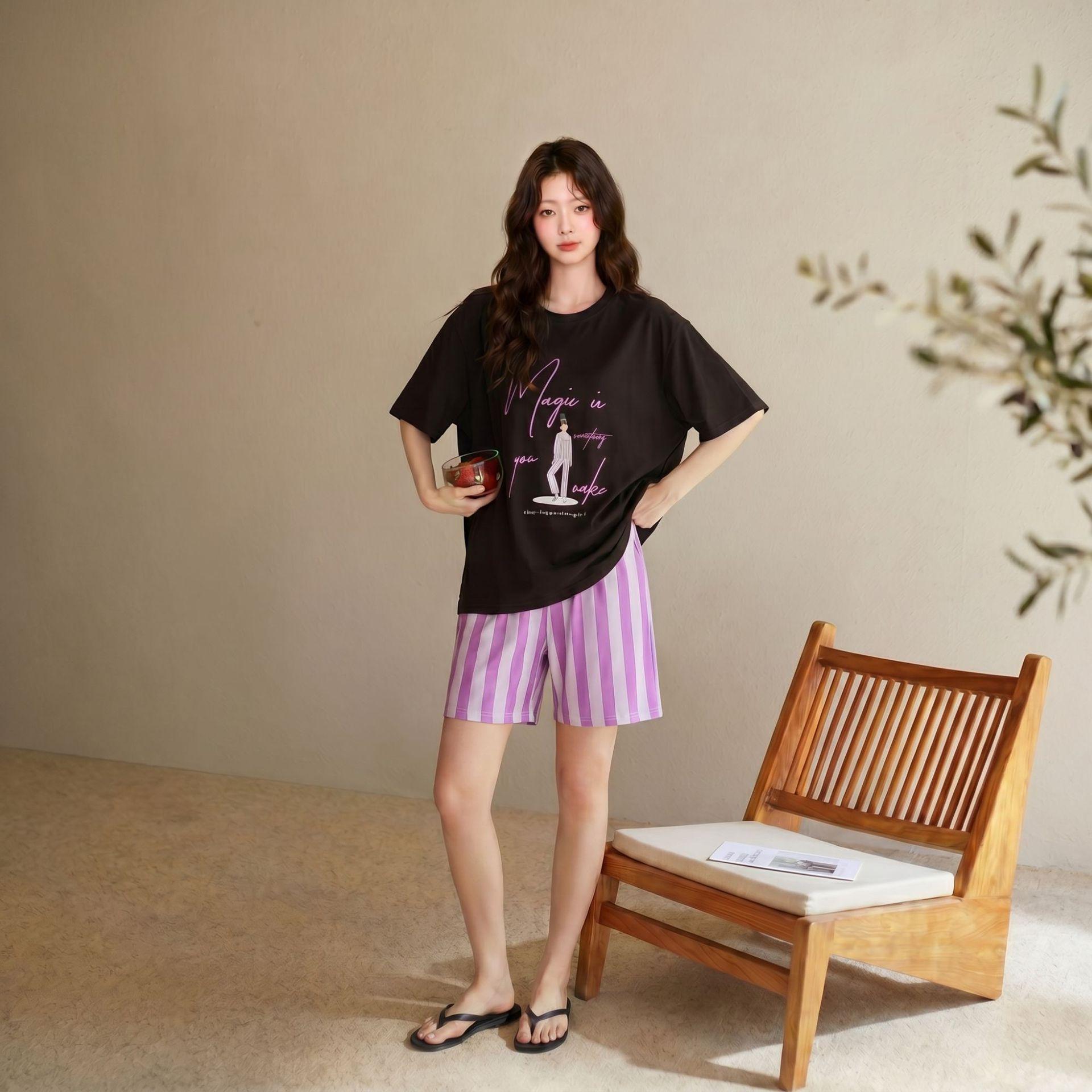 Women s Summer Short-Sleeve Breathable Antibacterial Cotton Striped Homewear XL