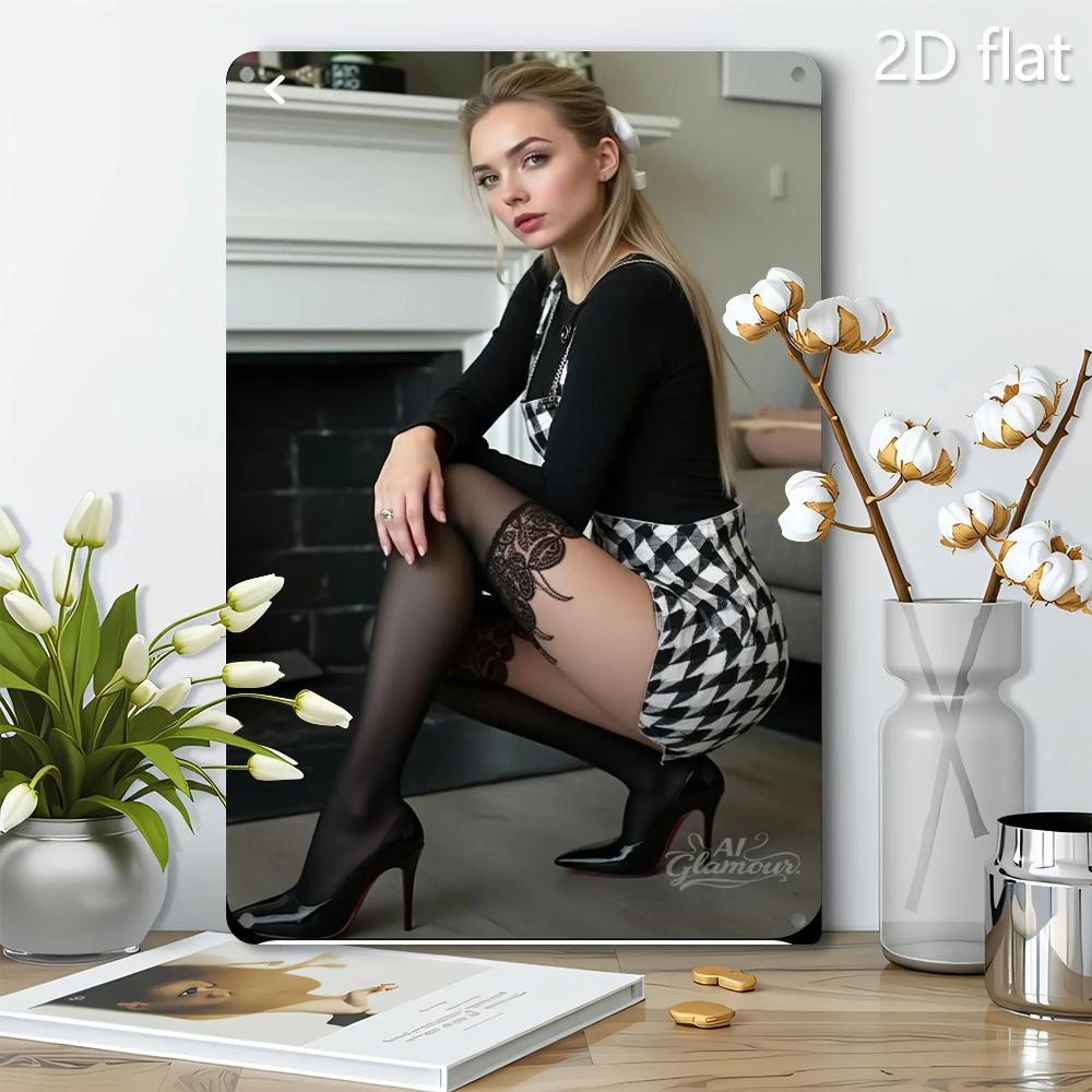 Golden Hair Lady Metal Wall Art - Checkered Skirt, Pre-Drilled, Fashion Decor