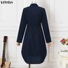 VONDA Spring Women Casual Lapel Neck Solid Color Texture Irregular Belt Long Sleeve Dress