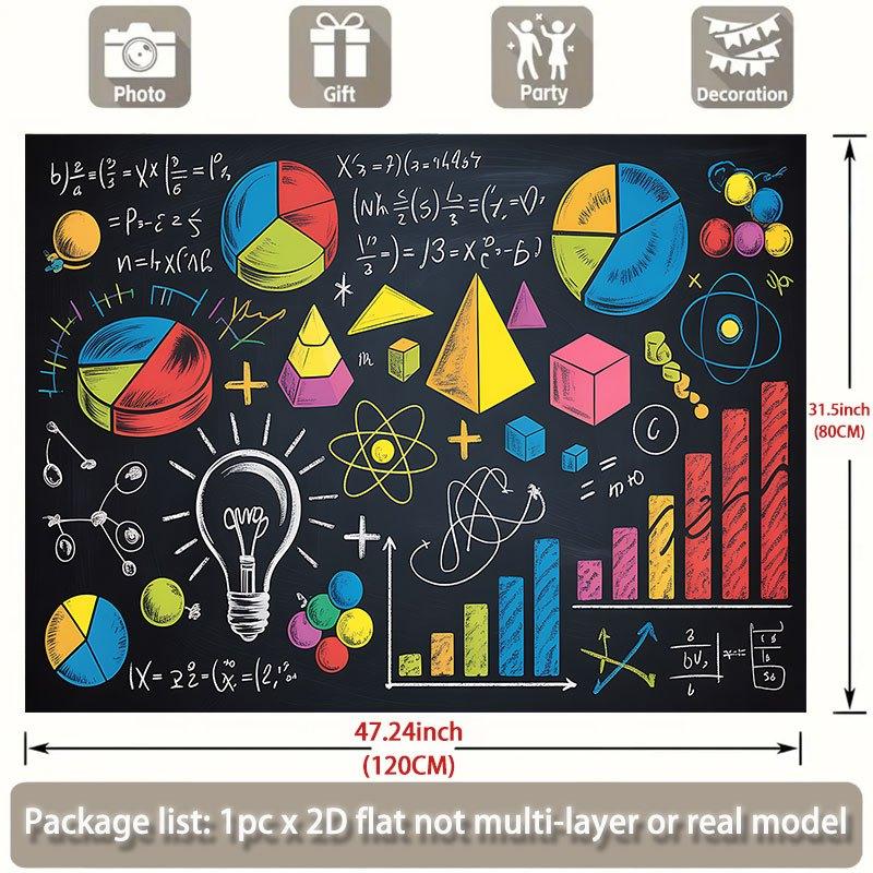 One piece, 2D flat banner, designed in the form of a blackboard, featuring mathematical and scientific symbols