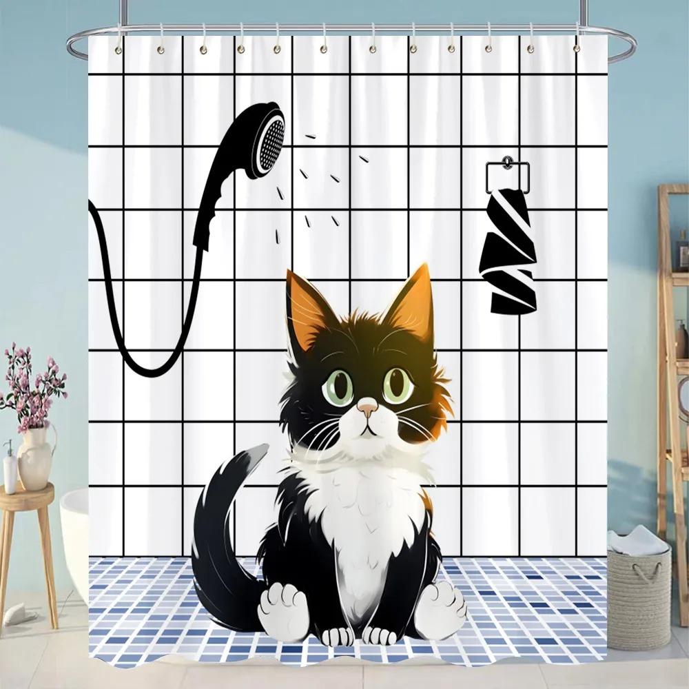 Zábavný potápěčský sprchový závěs pro kočky Kreslená zvířata Styl olejomalby Polyester omyvatelné sprchové závěsy Dekor do koupelny s háčky