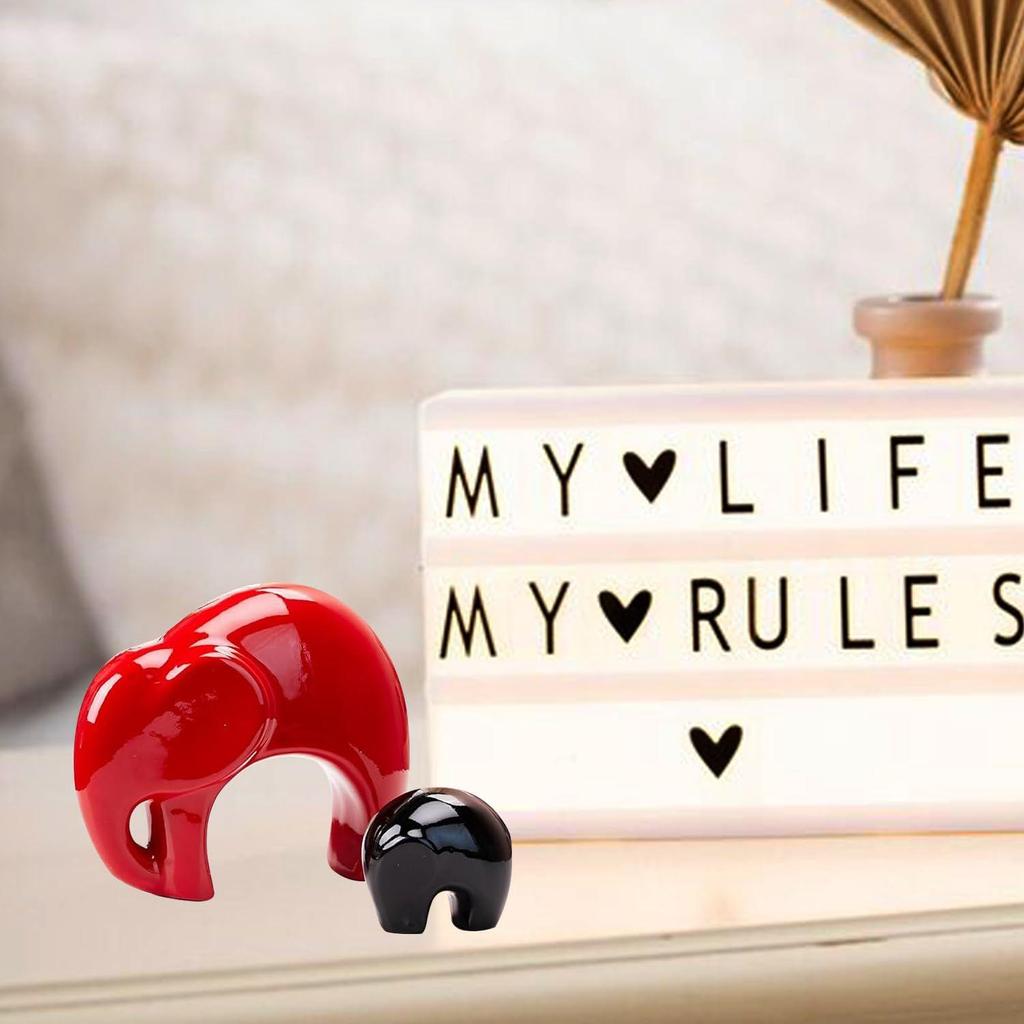 Home Decor Happy Charm Elephant Mother & Child | Piano Finish Ceramic Figures (Set of 2 Pieces, Red and Black)