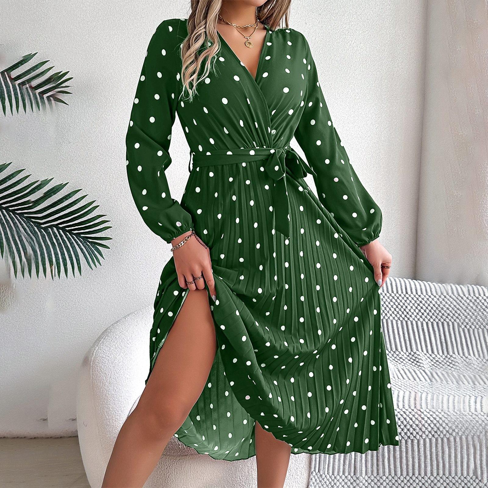 Женское модное элегантное плиссированное длинное платье в горошек с крестом и V-образным — фото 6