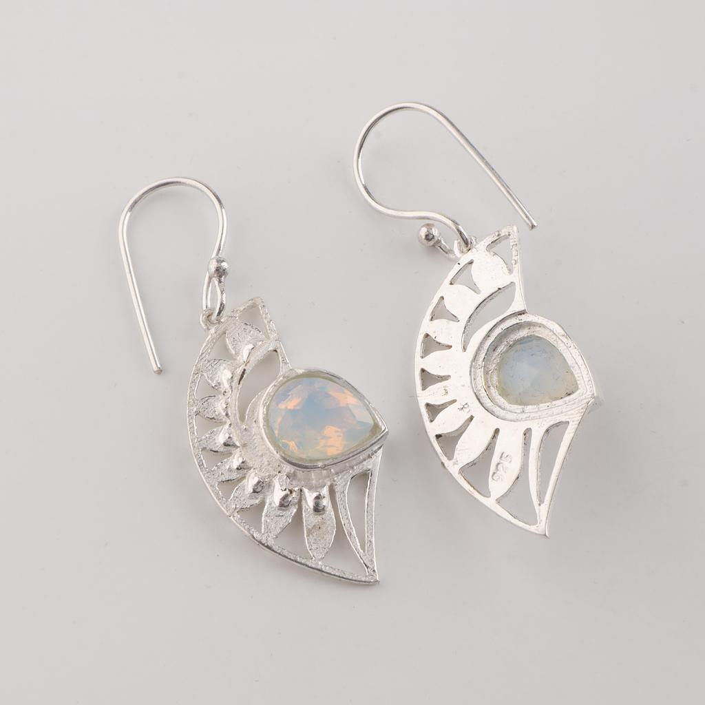 Milky Opal Gemstone Silver Hook Earring 1.5" 925 Sterling Silver Women Jewelry Gift For Wife CE-26-21