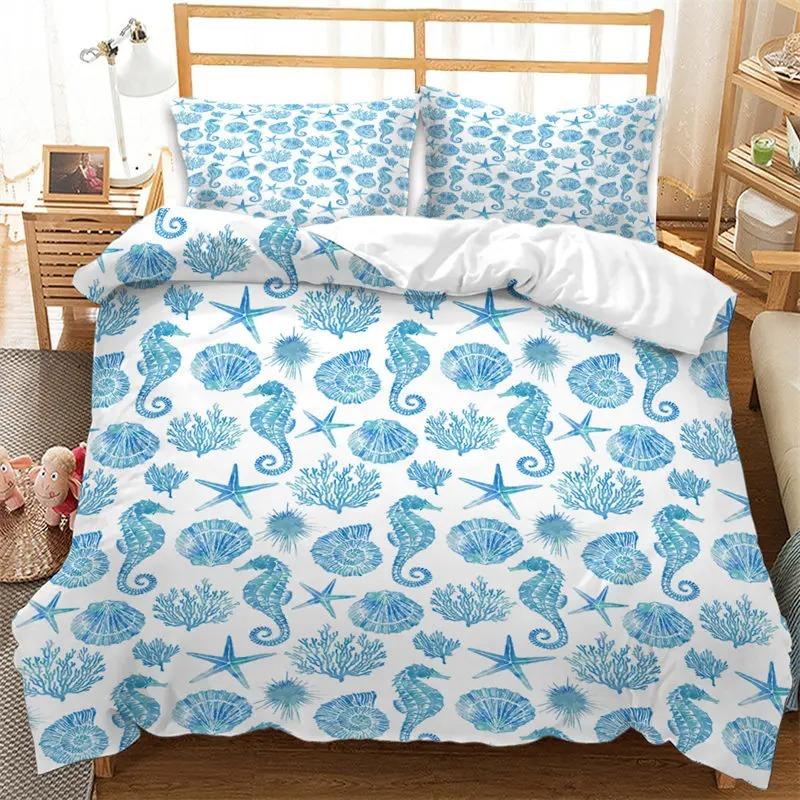 Coastal Duvet Cover Twin Queen,Beach Fish Coral Bedding Set,Sea Ocean Theme Comforter Cover For Kids Teens Nautical Quilt Cover