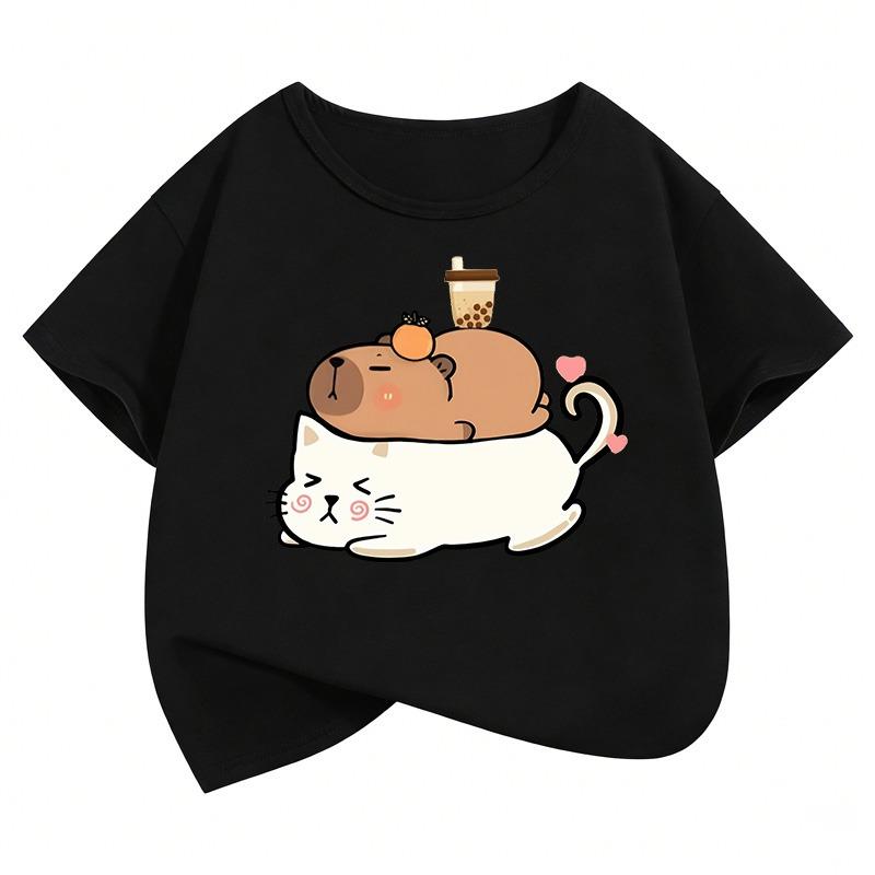 Cute Cat Capybara Kids Tshirts Summer Short Sleeve Tees Cartoon Boys Girls Clothes Kawaii Kitten Tops Y2K Children T-shirt