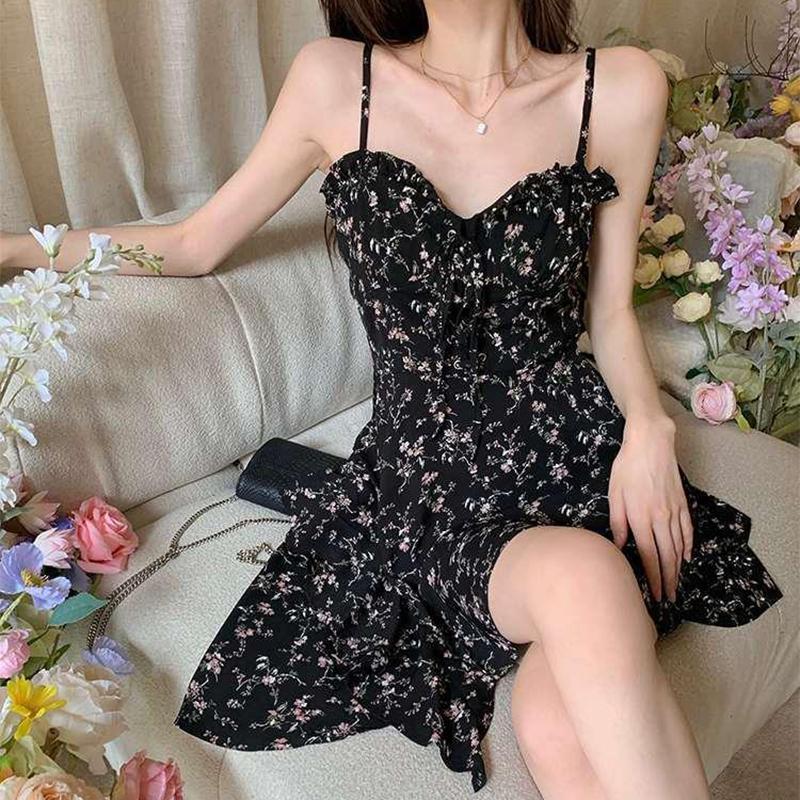 Pure Desire Französisches Camisole-Kleid mit Blumenmuster, sommerlich feminines Temperament, süße Taille, schmaler kurzer A-Linien-Rock, vielseitig einsetzbar