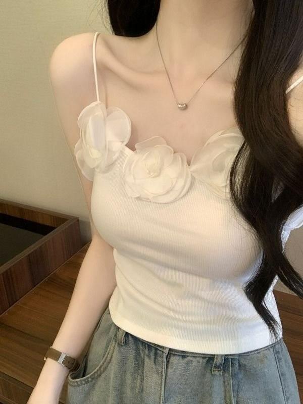 Short Tank Top With 3d Flower Embroidery For Summer Fashion Women