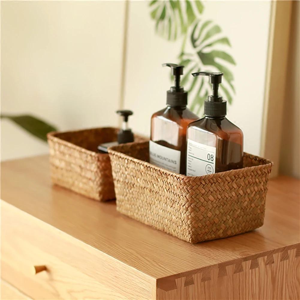 Woven Seagrass Storage Baskets Straw Rattan Basket Desk Organizer Picnic Basket Fruit Storage Box Cosmetic Storage Container