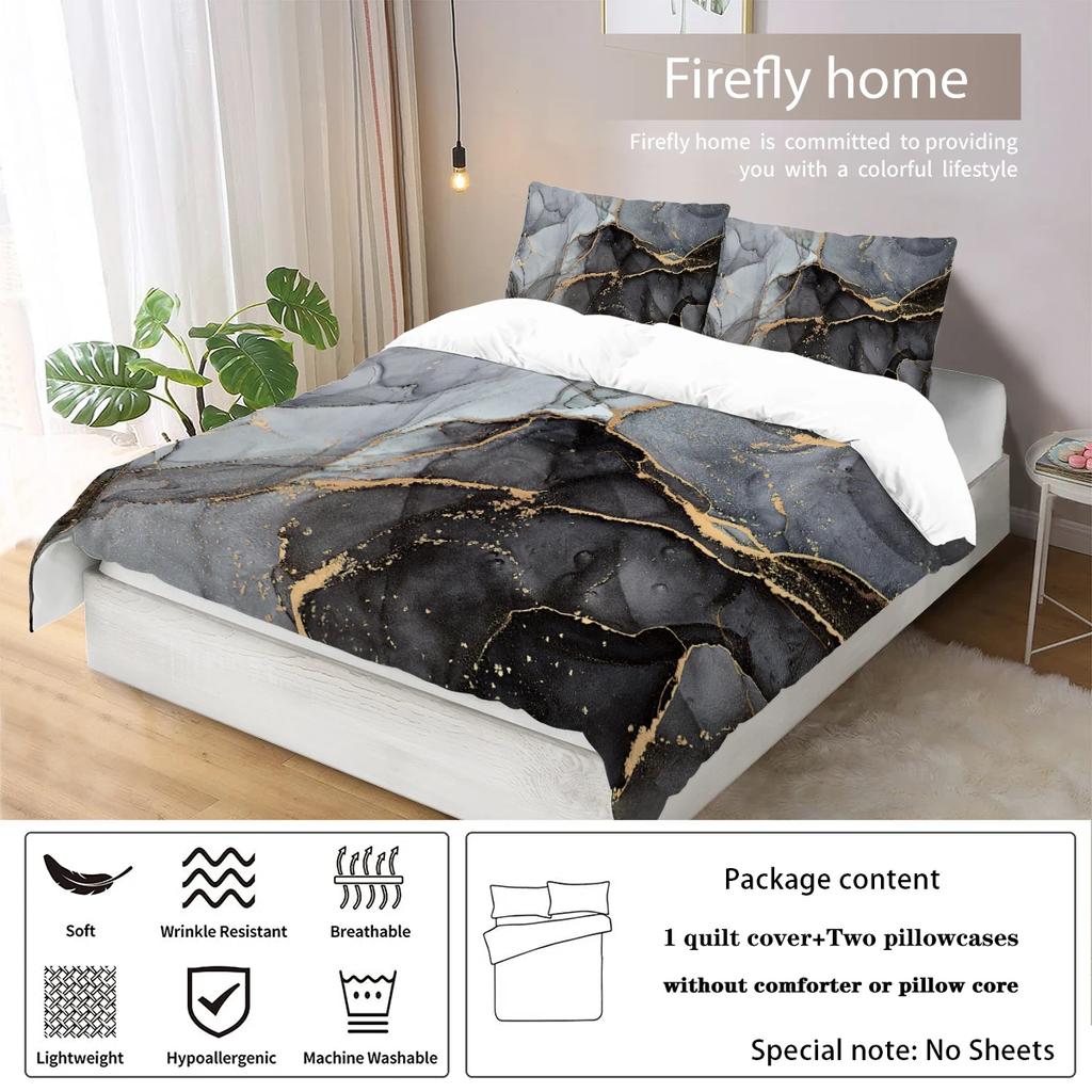 3 Piece Down Set with Gray Marble Pattern Print (1 Down Duvet Cover+2 Pillowcases, Without Core), Soft Bedding Set