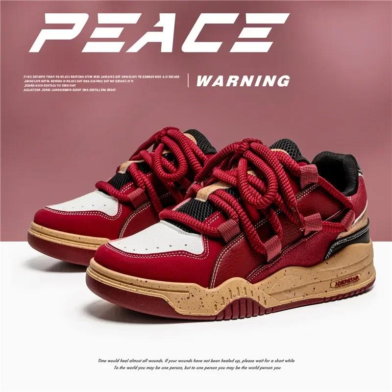 Men Shoes Spring New Design Wine Red Skateboard Shoes Fashion Trendy Casual Sneakers Lace Up Platform Vulcanized Shoes 2025