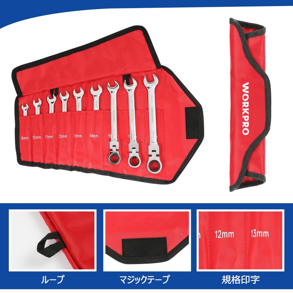 Chave Combinada Catraca Flexível WORKPRO com Giro 72 para Automóveis e Inclui Bolsa de Armazenamento Chave, Cabeça, 8-19mm, Engrenagens, Conjunto de 9 Peças, Montagem, Reparo,
