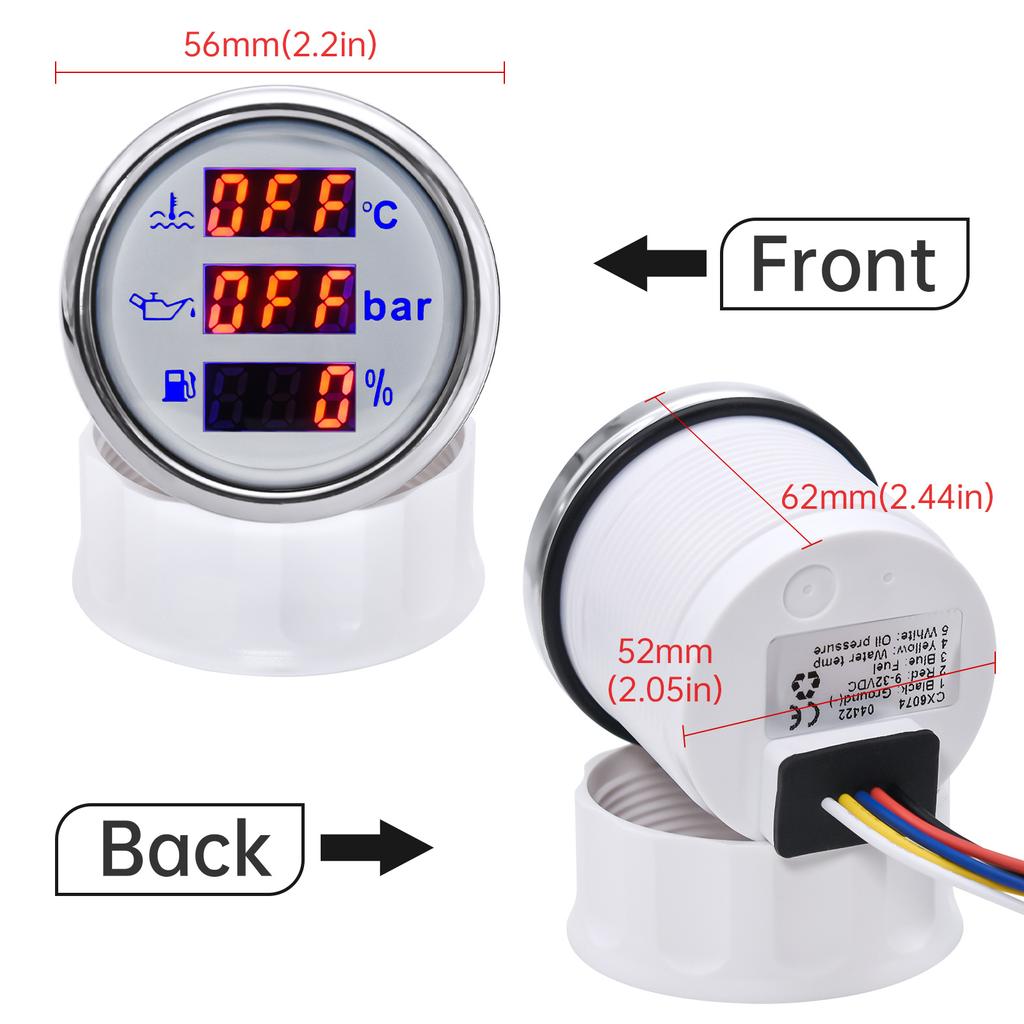3 In 1 Multi-function Car Boat Fuel Level Gauge Water Temperature Gauge Oil Pressure Voltage with Alarm& Backlight Indicator