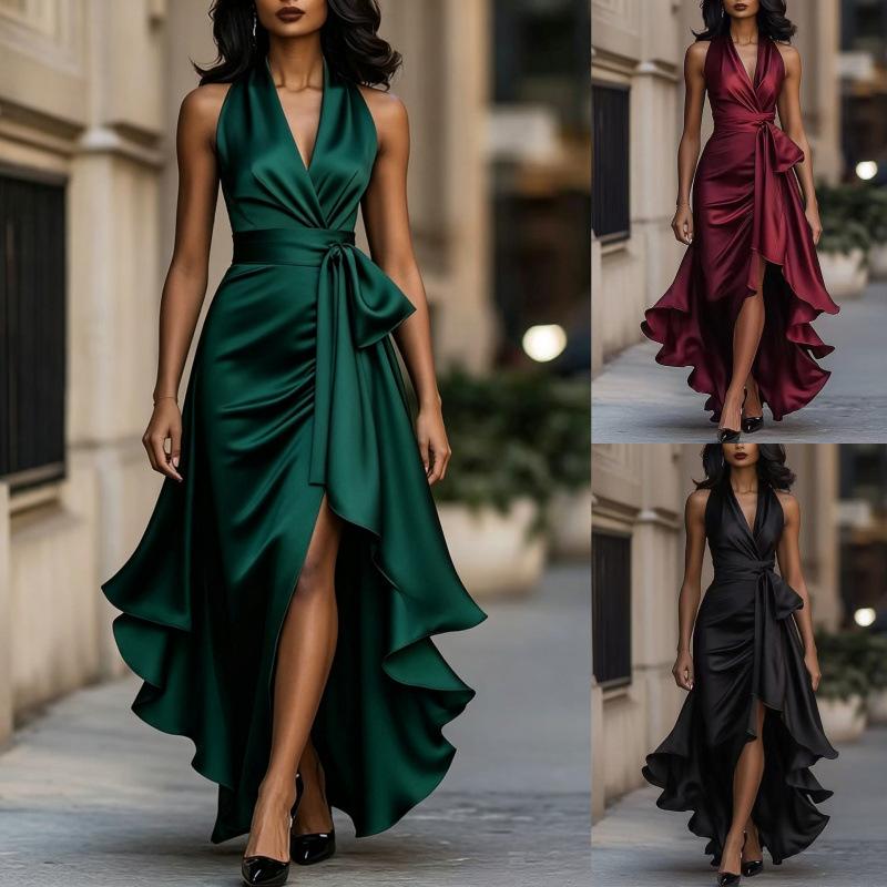 European and American new women's satin V-neck sleeveless waist ruffle edge temperament dress women