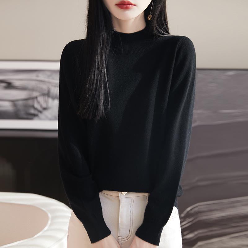 2025 Spring Women's Solid Color Half-High Collar Knit Wool Pullover Sweater