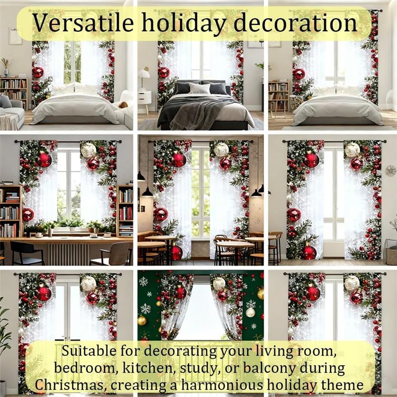 Christmas Ball Holiday Printed Curtains, 2 Pieces 2D Flat Printed Red Luxury Xmas Print Curtains with Snowflakes for Holiday Party Decor