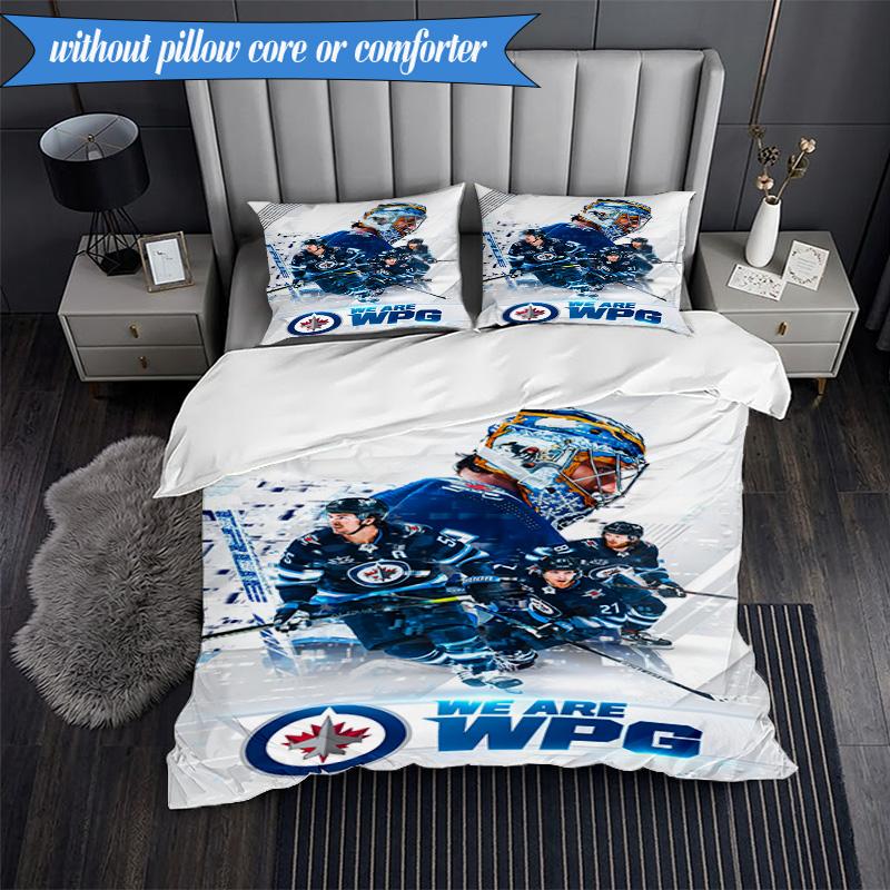 3-teiliges Winnipeg Crest Hockey Bettwäsche-Set, inklusive 1 Bettbezug und 2 Kissenbezügen. Perfekt für Schlafzimmer, Wohnheim, Weihnachtsgeschenk für Fans 135cmx200cm