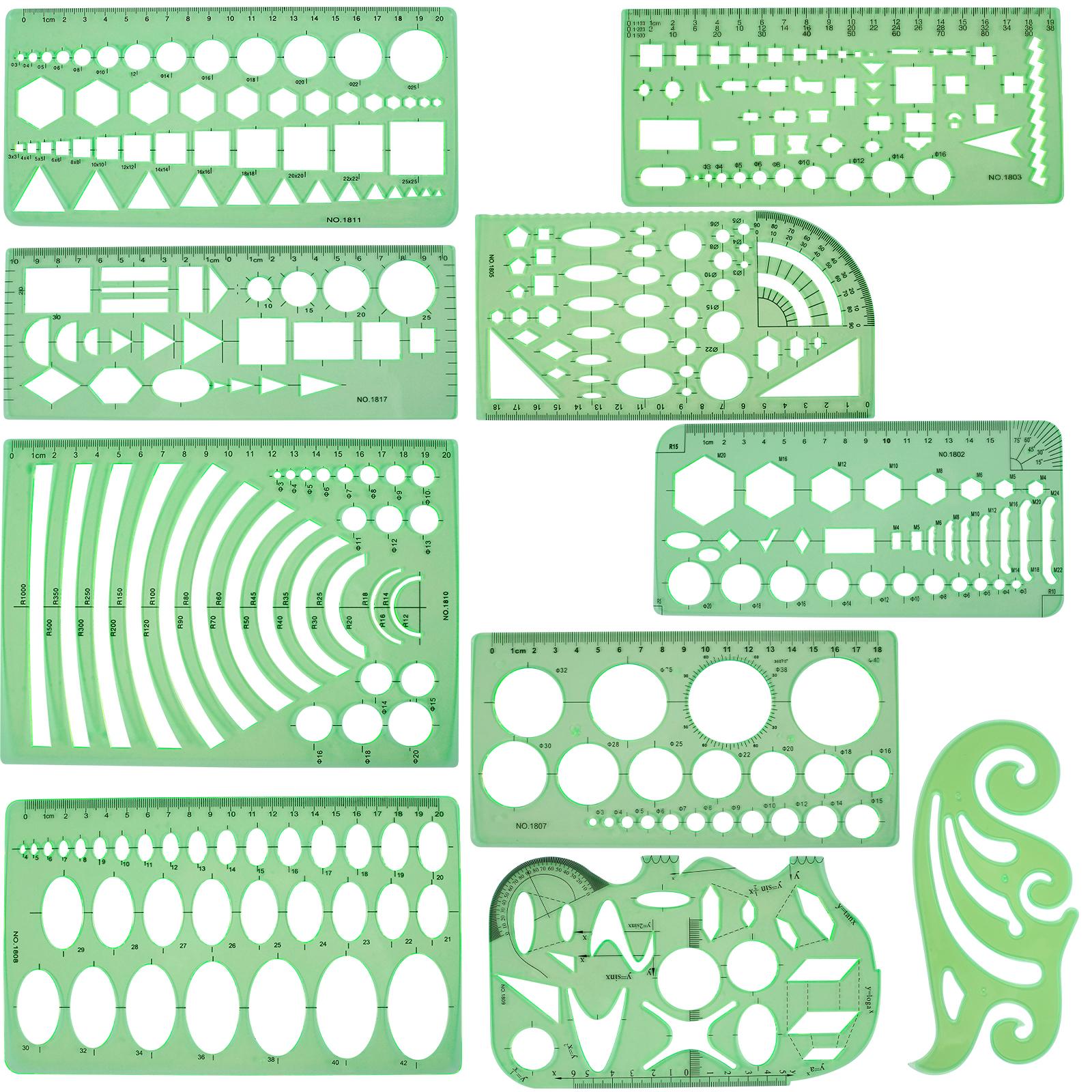 

11 шт. Шаблоны для геометрических рисунков, измерительные чертежные трафареты, измерительные инструменты, набор для построения геометрии для офиса, школы